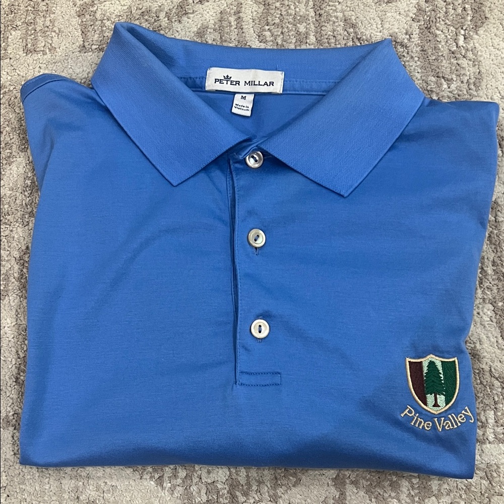 Peter Millar Men's Blue Polo Shirt with Pine Valley Golf Club logo.